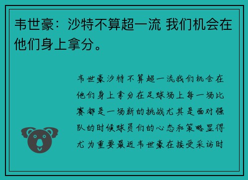 韦世豪：沙特不算超一流 我们机会在他们身上拿分。
